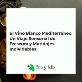 Copa de vino blanco mediterráneo en viñedo con mar, maridajes de marisco y queso bajo el sol.